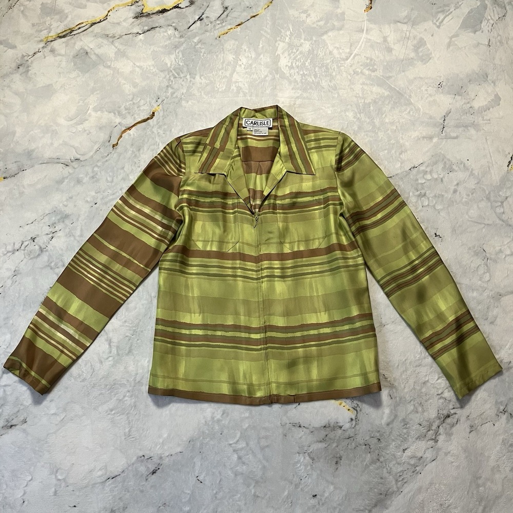 Carlisle Silk Jacket Womens Size 10 Green Brown Strip Collared Shoulder Pads Vtg